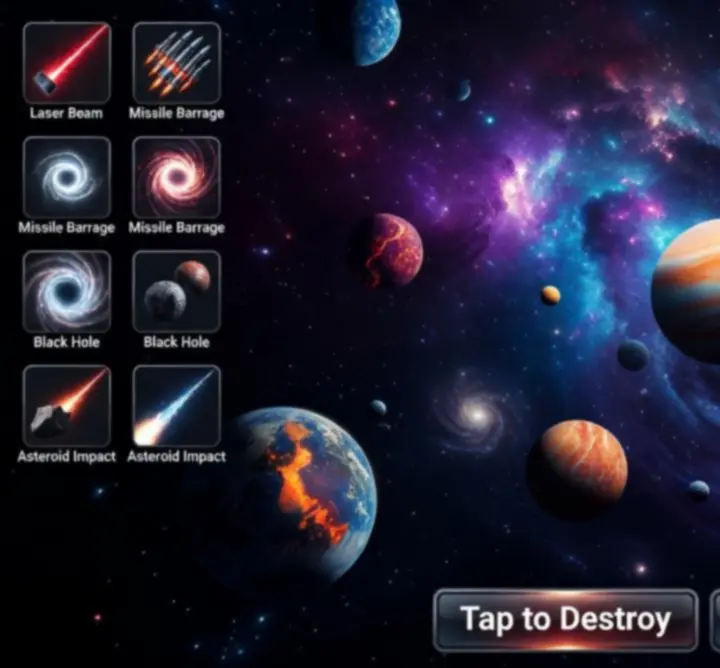 Widok piaskownicy w Solar Smash z planetami i efektami zniszczenia